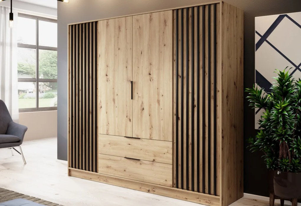 Šatníková skriňa so zrkadlom BELANDA 2D, 105x200x51, dub artisan/čierna