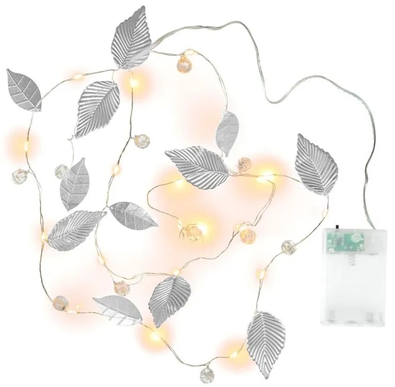 Osvetlenie perly a strieborné listy, 20 LED, teplá biela