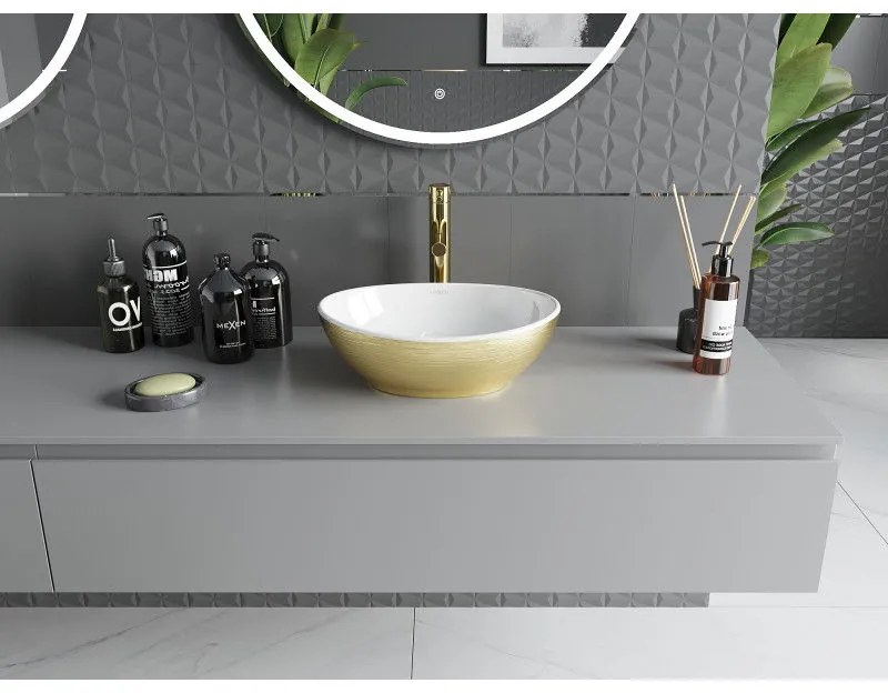 Mexen Elza, keramické umývadlo na dosku 405 x 330 mm, biela-zlatý štruktúrovaný vzor, 21014017