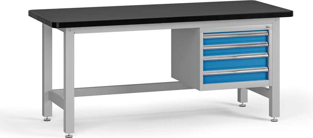 Pracovný stôl do dielne G4 so závesným boxom na náradie, MDF + PVC doska, 4 zásuvky, 1800 x 750 x 800 mm, modrá