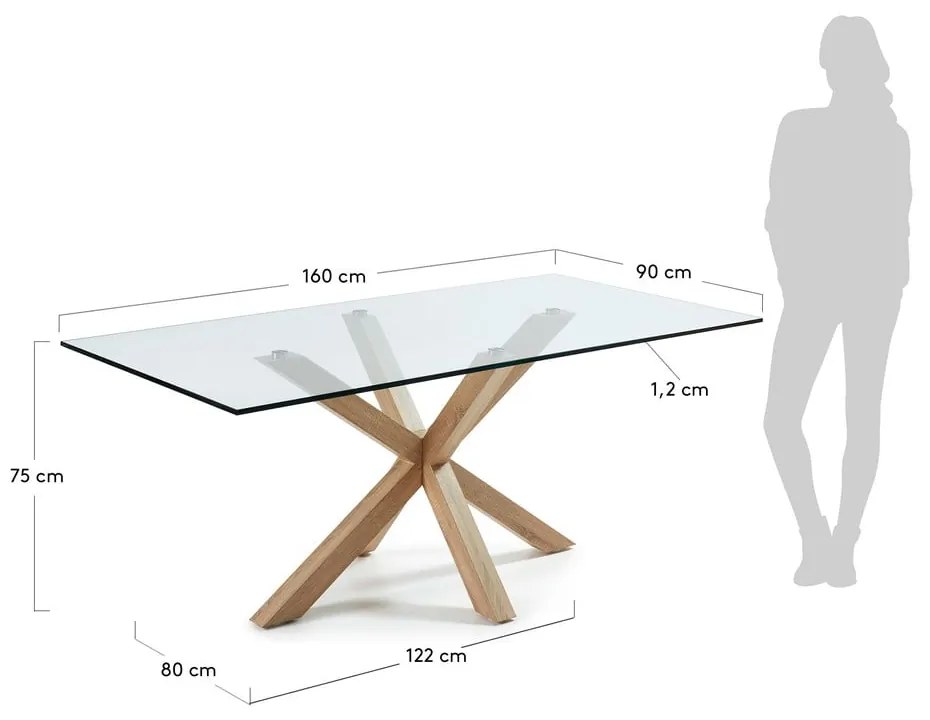 Sklenený jedálenský stôl s prírodným podnožím Kave Home, 160 x 90 cm