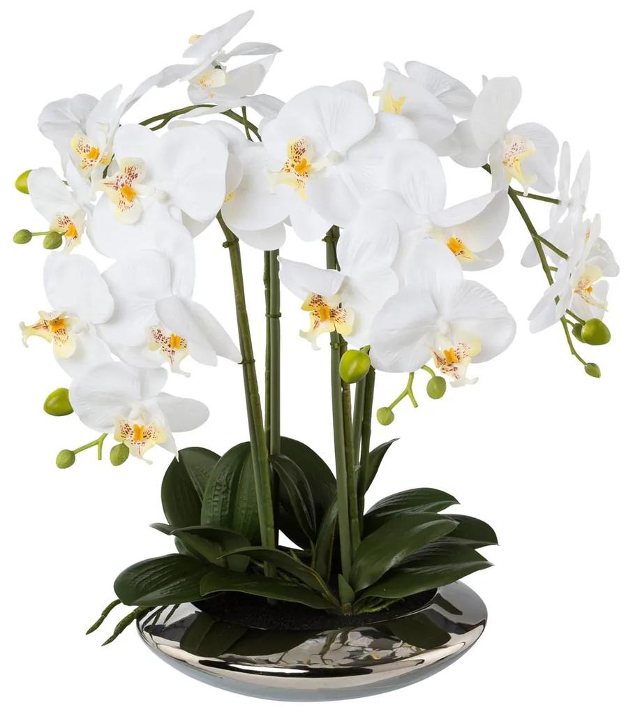 Gasper Umelá orchidea v keramickej striebornej miske, 41 cm, biela