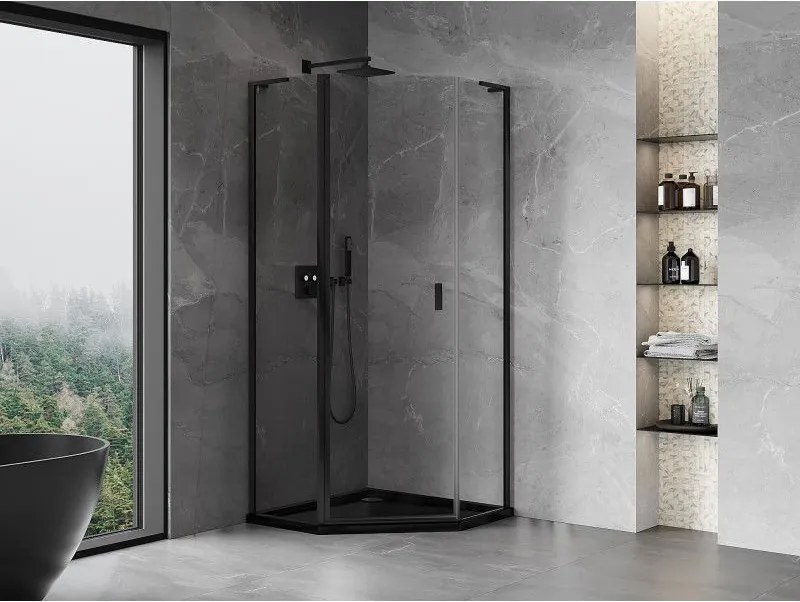 Mexen Mist L, päťuholníkový sprchový kút s krídlovými dverami, 80 x 80 cm, 8mm číre sklo, čierny profil, 8A8L-080-080-70-00