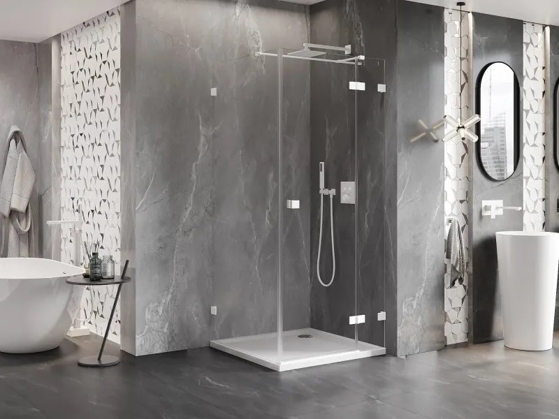 Mexen Lunar T, výklopný sprchový kút pravý 90 x 90 cm, 8mm číre sklo, biely profil, 834T-090-090-20-00-P