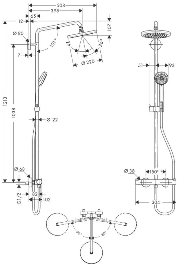Hansgrohe Croma, Showerpipe 220 1jet s termostatom, chrómová, HAN-27185000