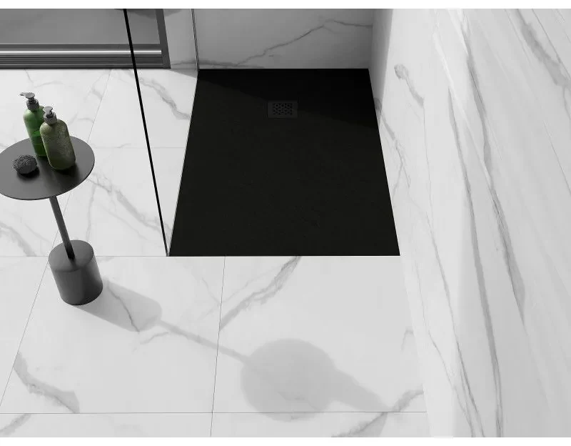 Mexen Stone+, obdĺžniková vanička z minerálneho kompozitu 140 x 90 cm, čierna, čierna krytka, 44709014-B