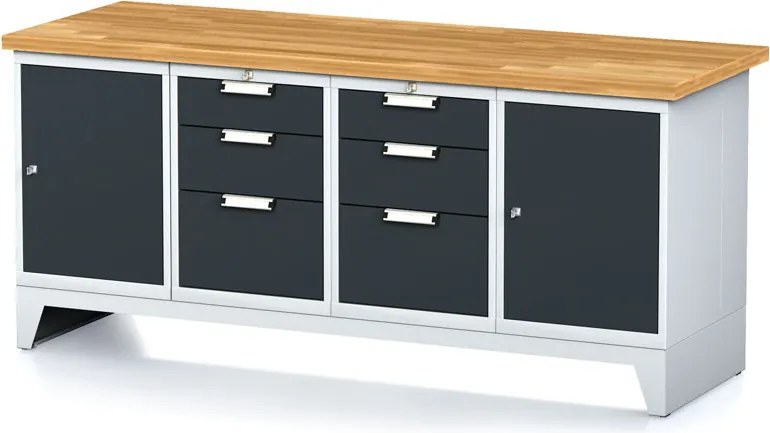 Dielenský stôl MECHANIC I, 2 skrinky a 2x 3 zásuvkový box na náradie, 6 zásuviek, 2000x685x880 mm, grafitové dvere