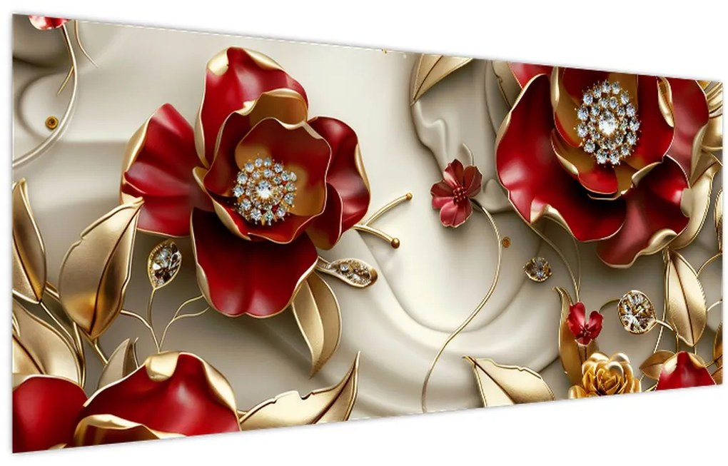 Obraz - 3D Červeno-zlaté kvety (120x50 cm)