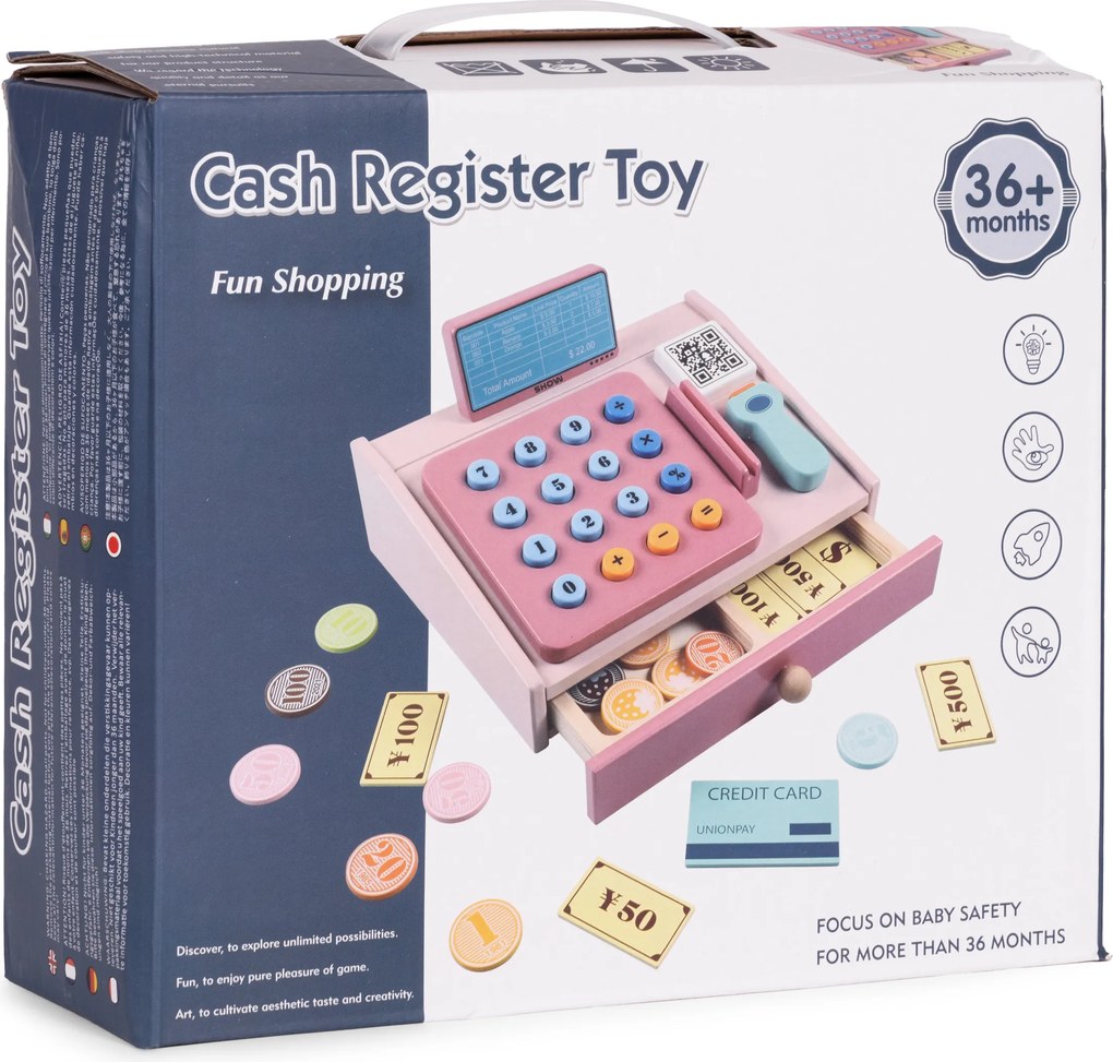 MULTISTORE Drevená pokladňa hračka pre deti so skenerom, čítačkou kariet, peniaze 3+
