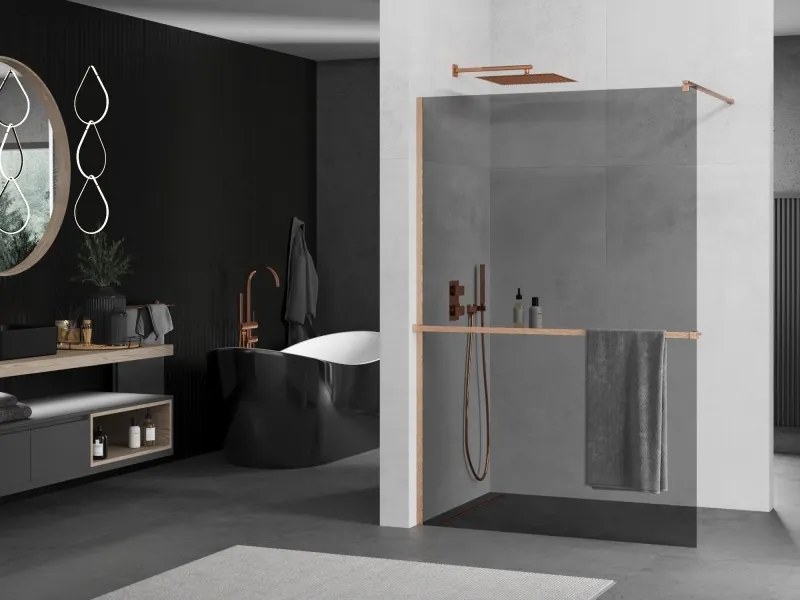 Mexen Kioto+, sprchová zástena Walk-In s poličkou a vešiakom 130 x 200 cm, 8mm šedé sklo, medený matný profil, 800-130-121-65-40