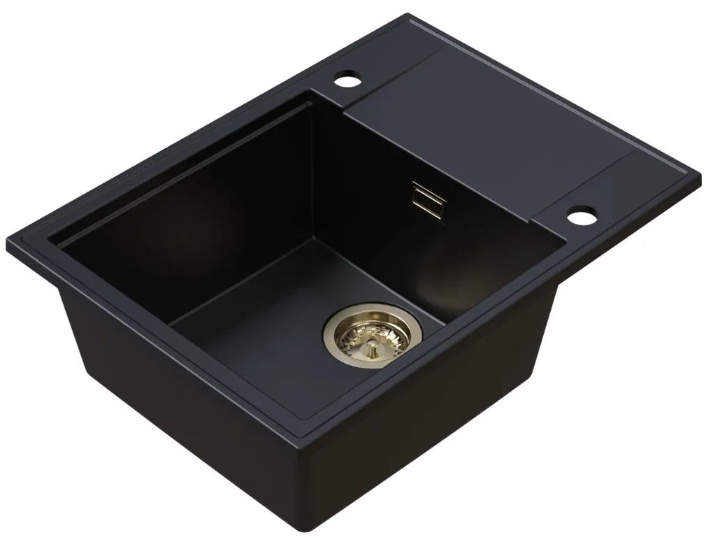 Sink Quality Sink55, kuchynský granitový drez 620x460x215 mm + zlatý sifón, čierna, SKQ-SINK.C.1KKO.XG
