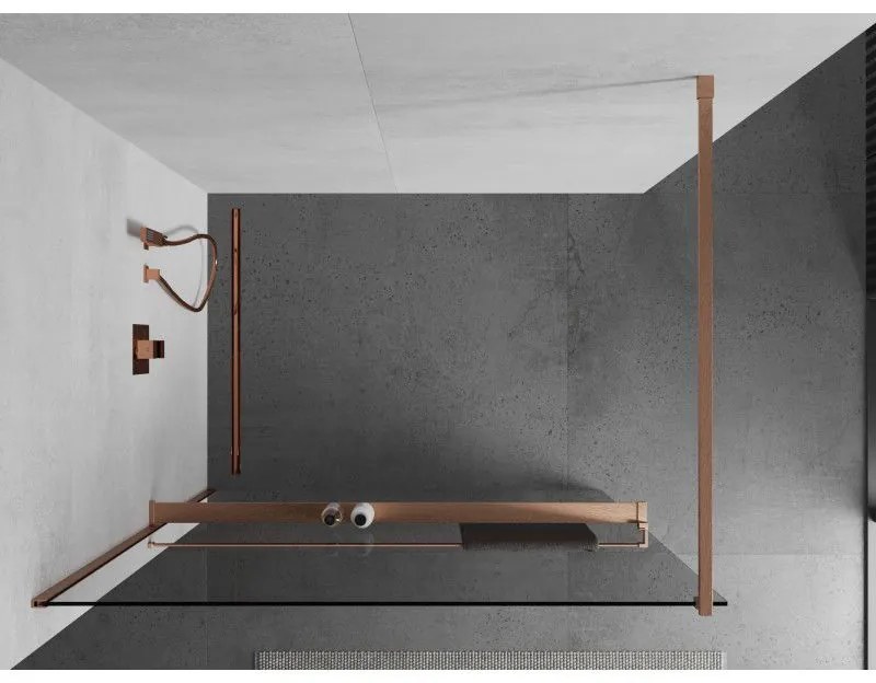 Mexen Kioto+, sprchová zástena Walk-In s poličkou a vešiakom 100 x 200 cm, 8mm číre sklo, medený matný profil, 800-100-121-65-00