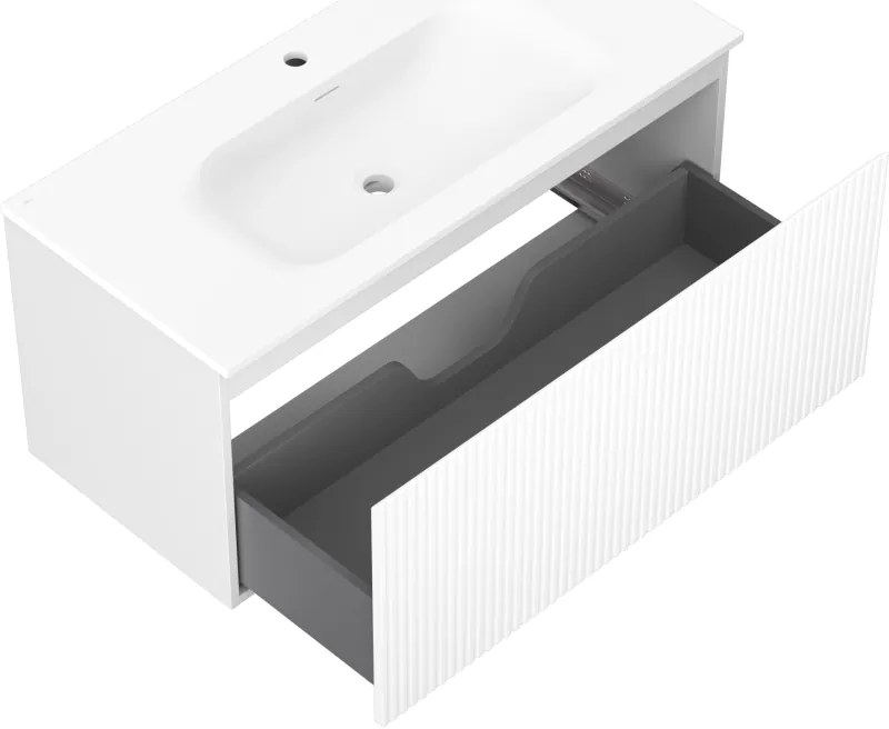 Mexen Rivel, kúpeľňová skrinka 100 cm s umývadlom Vela, 1 zásuvka, drážkovaná, biela matná, 91A20-10047-1-BF01-W23M01