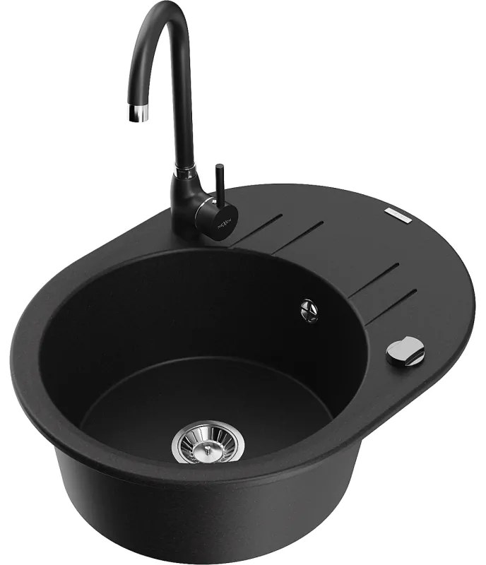 Mexen Kevin, drez granitový 586x458x190 mm, 1-komorový a čierna batéria Telma, čierna, 6517-77-670200-70