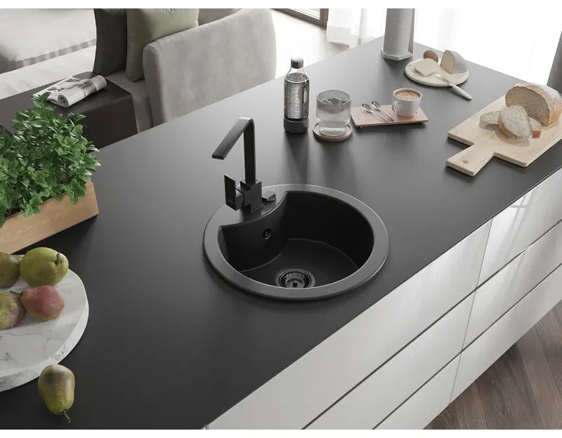 Mexen Diego, 1-komorový granitový drez 488x488x167 mm, čierny sifón, čierna matná batéria Rita, čierna-strieborná metalíza, 6512-73-670300-70-B