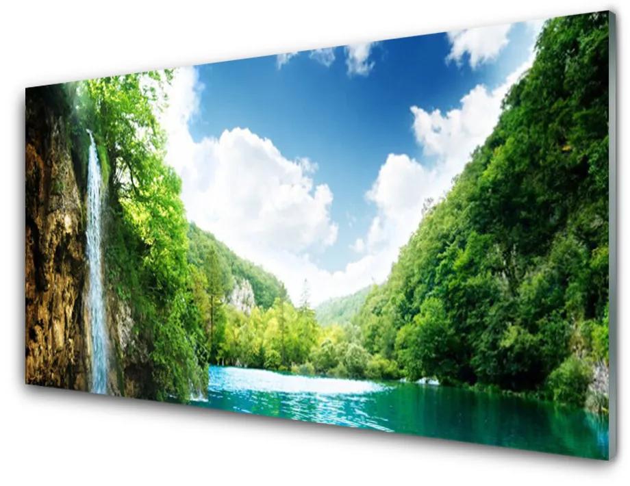 Skleneny obraz Hora les jazero príroda 140x70 cm