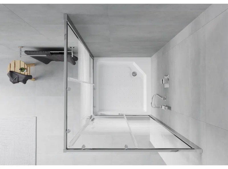 Mexen Rio, štvorcový sprchovací kút s posuvnými dverami 90 x 90 cm, 6mm číre sklo/pásy, chrómový profil + biela vysoká sprchová vanička Rio, 860-090-090-01-20-4510