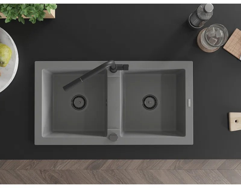 Mexen Mario, 2-komorový granitový drez 820x436x161 mm a drezová batéria Flora, šedá, 6504-71-670401-70-B