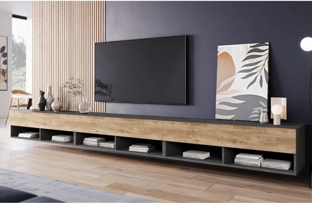 Široká TV skrinka 300 cm matera/gaštan Lowboard A (LOWA300TX + LED)