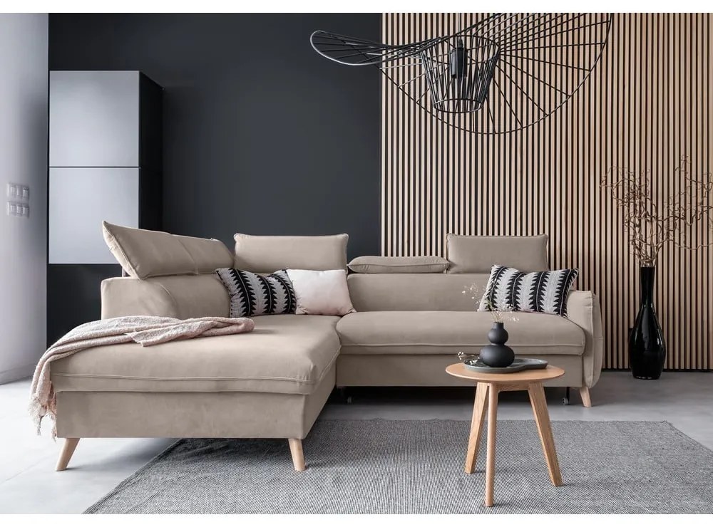 Béžová zamatová rozkladacia rohová pohovka (ľavý roh) Sweet Harmony – Miuform