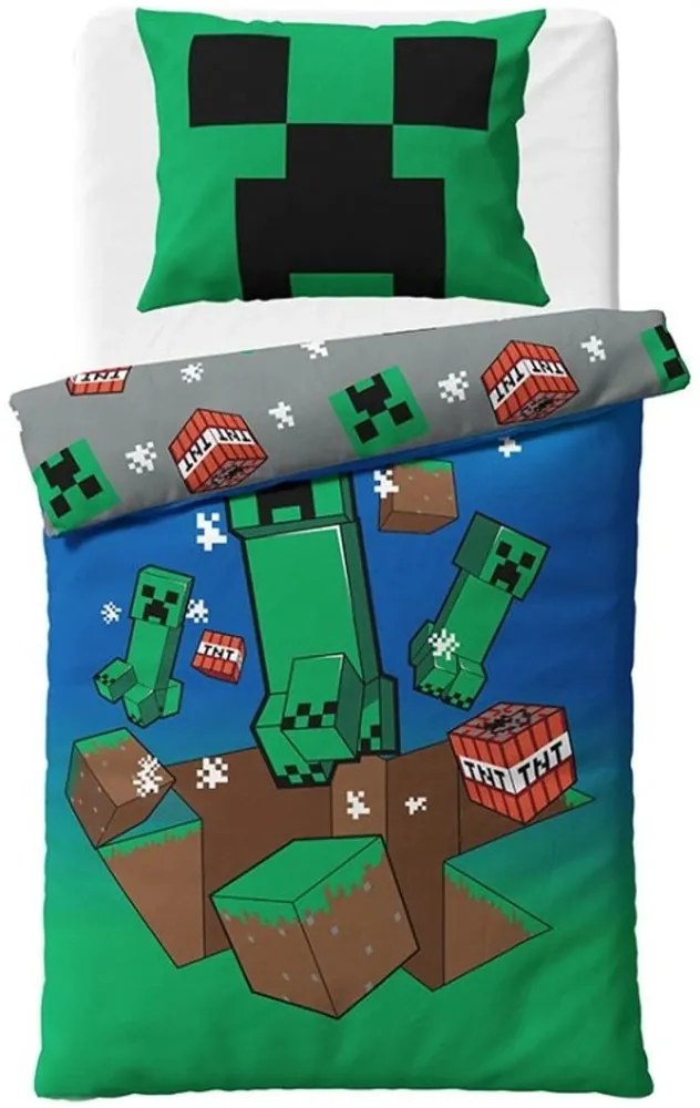 Obojstranné bavlnené posteľné obliečky Minecraft Creeper Explode - 100% bavlna - 70 x 90 cm + 140 x 200 cm