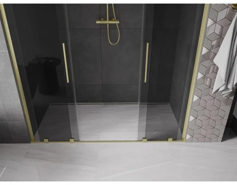Mexen Velar L Duo, posuvné sprchové dvere do otvoru 170 cm, 8mm šedé sklo, zlatá matná, 871-170-003-42-55