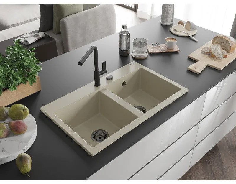 Mexen Hektor, 2-komorový granitový drez 800x480x205 mm, béžová, grafitový sifón, 6521802000-69-B