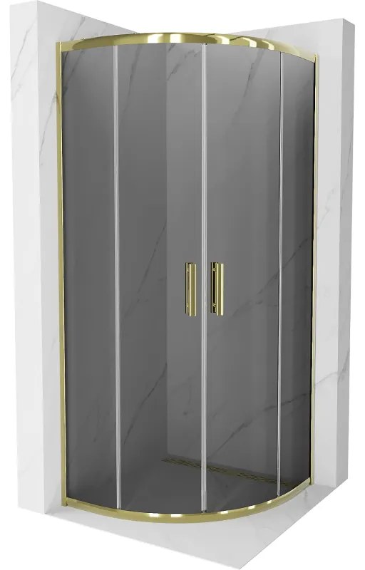 Mexen Rio, štvrťkruhový sprchovací kút s posuvnými dverami 80(dvere) x 80(dvere) x 190 cm, 6mm šedé sklo, zlatý profil, 863-080-080-50-40