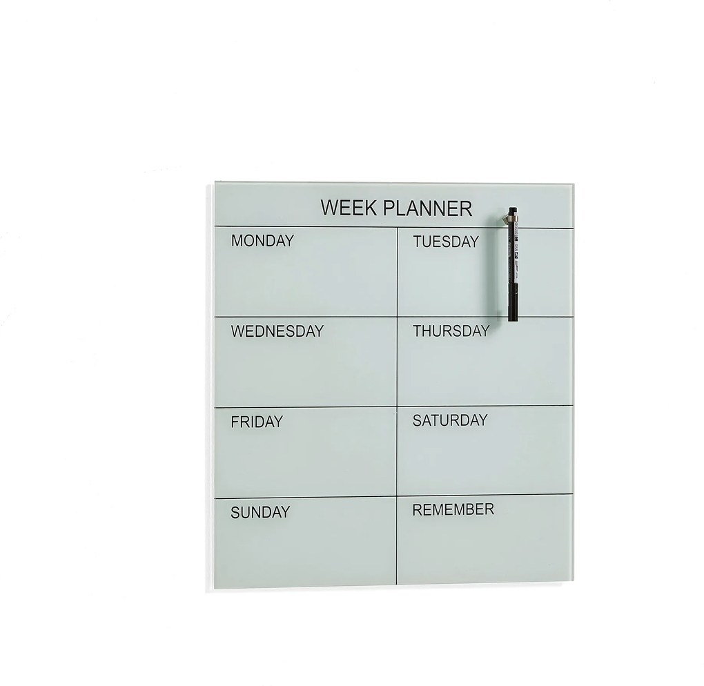 Sklenená plánovacia tabuľa Peggy, týždenná, 450x450 mm, biela