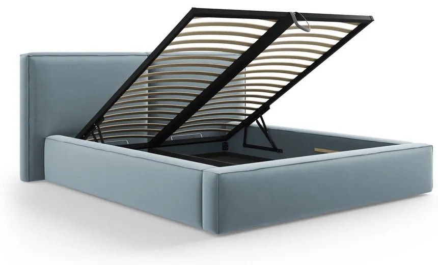 Svetlomodrá zamatová čalúnená dvojlôžková posteľ s úložným priestorom s roštom 200x200 cm Arendal – Cosmopolitan Design