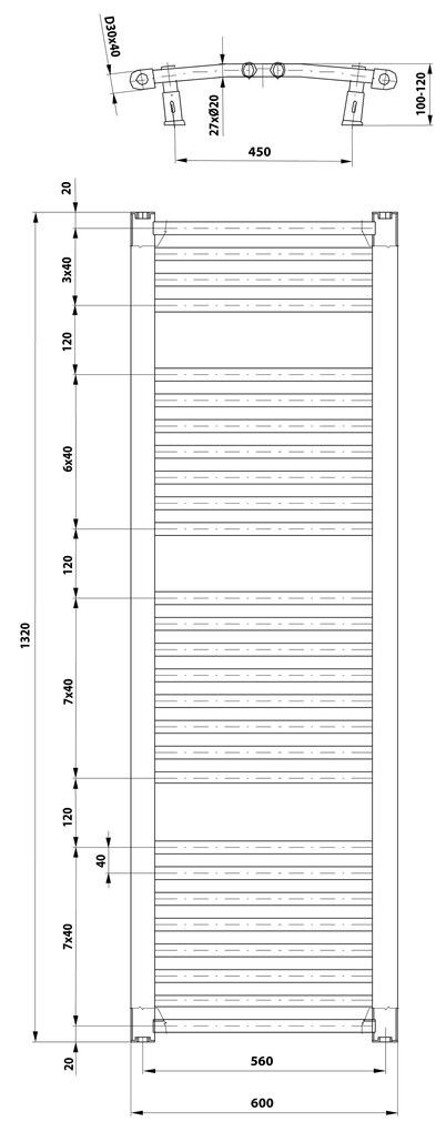 Aqualine, ORBIT vykurovacie teleso s bočným pripojením 600x1320 mm, 795 W, biela, ILO36T