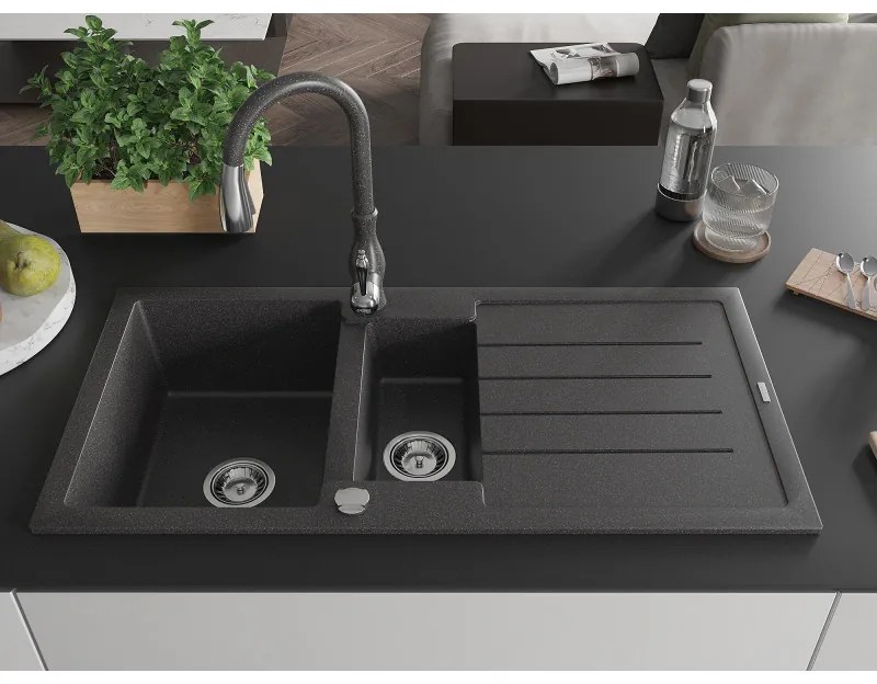 Mexen Andres, 1,5-komorový granitový drez 1000x500x200 mm a drezová batéria Savita, čierna škvrtnitá, 6515-76-672601-76