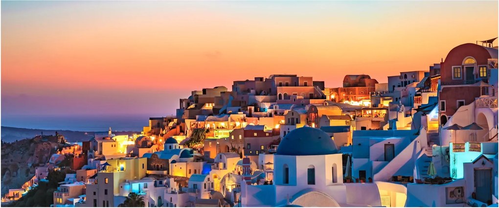 Obraz - Santorini pri zotmení (120x50 cm)