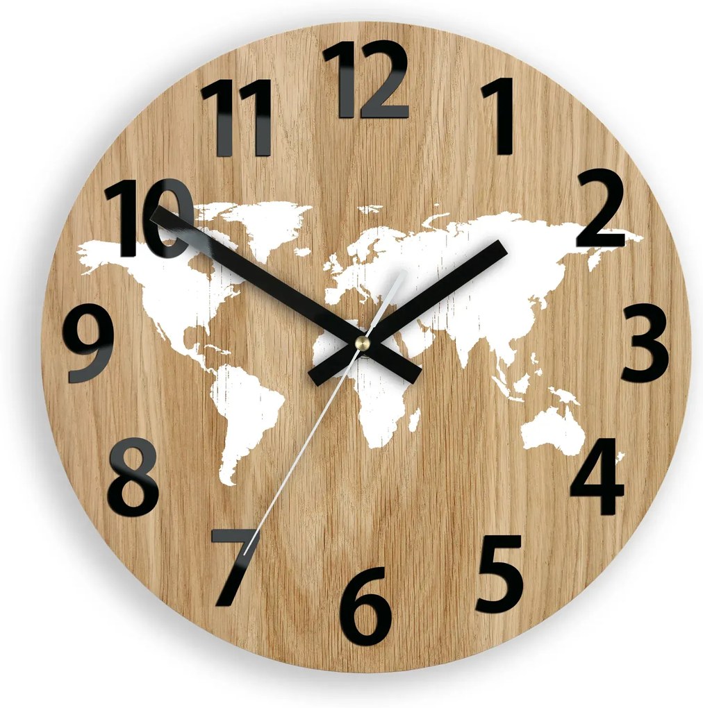Drevené nástenné hodiny Mapa Wood 33 cm hnedé/biele