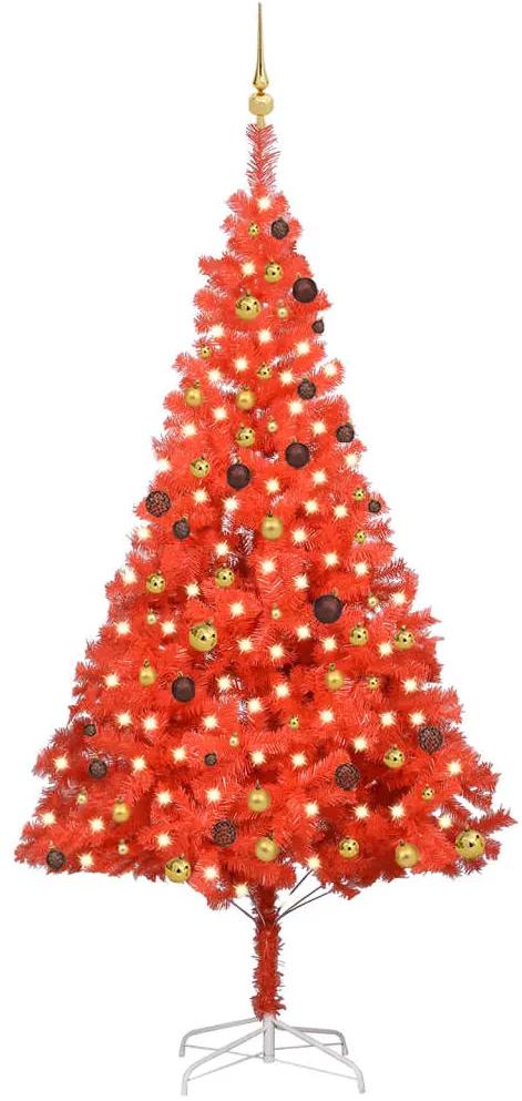 Umelý vianočný stromček s LED a súpravou gulí 240cm červený PVC 3077516