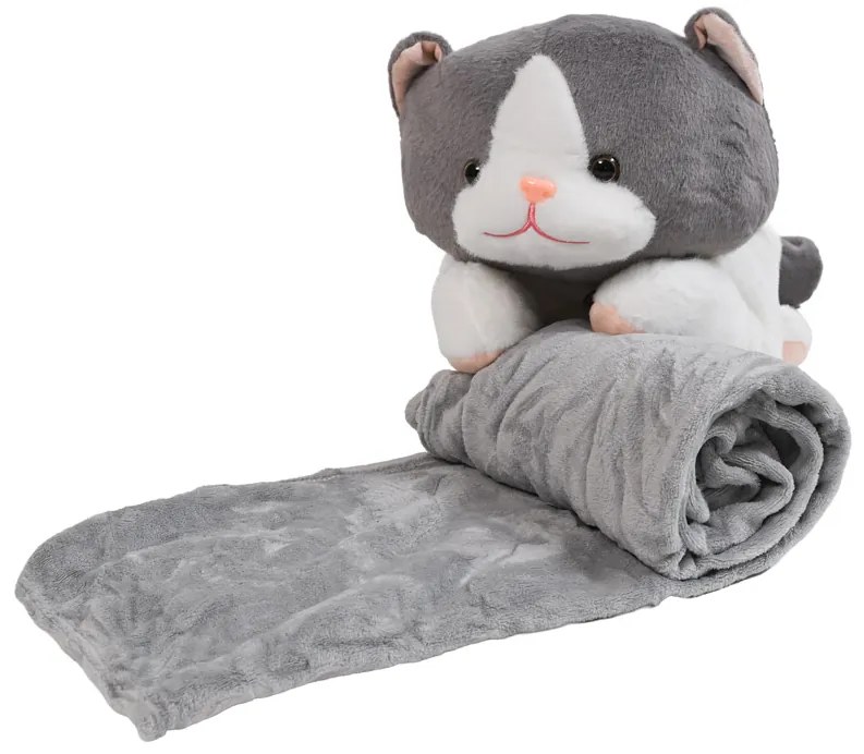 Plyšová MAČKA s detskou dekou vo vnútri, sivá