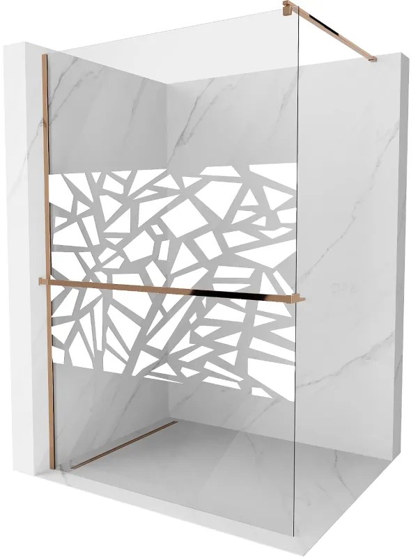 Mexen Kioto, sprchová zástena s poličkou a držiakom na uteráky 70 x 200 cm, 8mm číre sklo s bielym vzorom, profil ružové zlato, 800-070-121-60-85