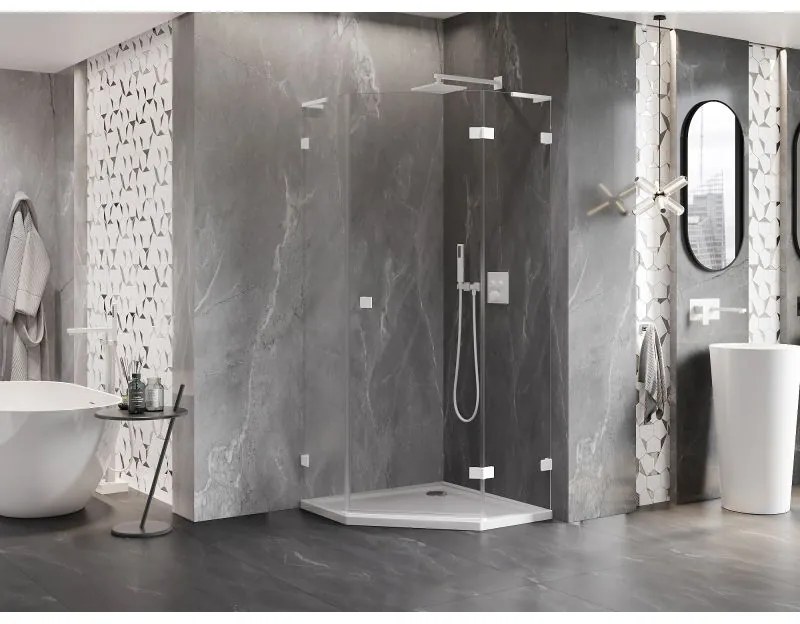 Mexen Lunar, L pravý výklopný päťuholníkový sprchový kút 90 x 90 cm, 8mm číre sklo, biely profil, 831L-090P-090L-20-00-P