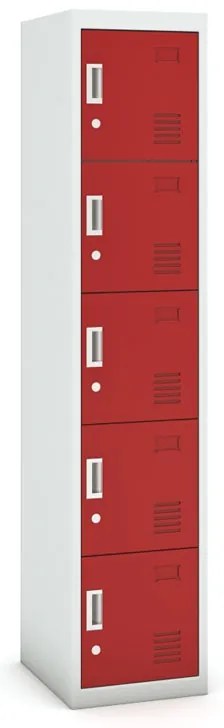 Šatníková skrinka s úložnými boxami, 5 boxov, 1800 x 380 x 450 mm, demont, cylindrický zámok, sivá/červená