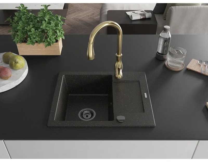 Mexen Enzo, 1-komorový granitový drez 576x465x174 mm a drezová batéria Savita, čierna-zlatá metalíza, 6506-75-672601-50-B