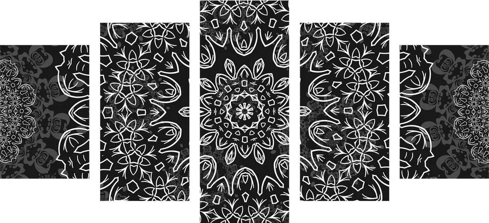 5-dielny obraz Mandala s abstraktným vzorom v čiernobielom prevedení - 200x100