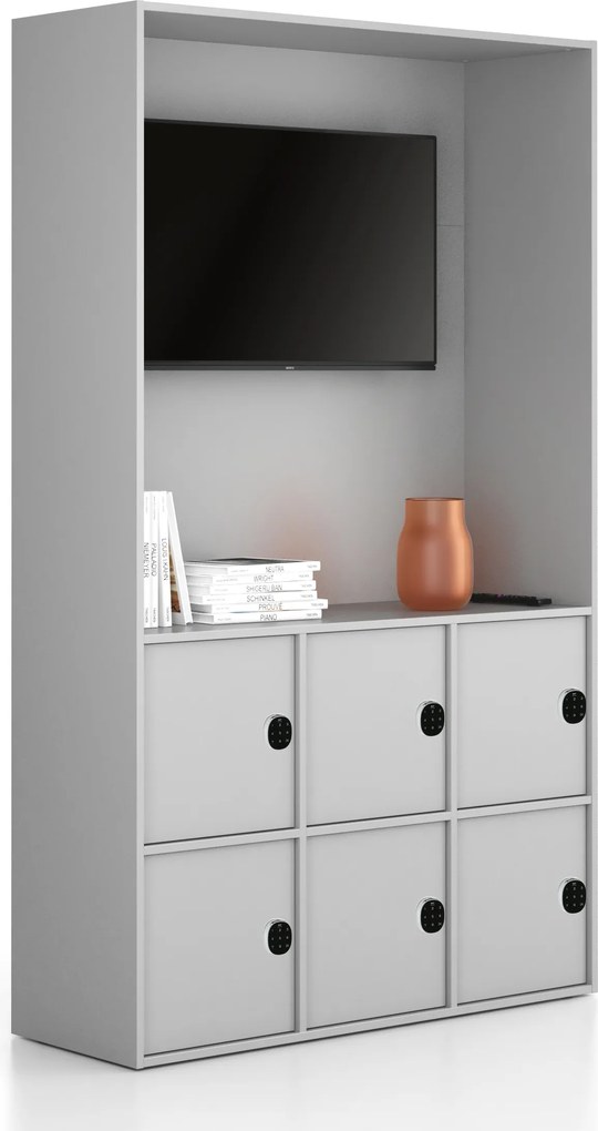 Kancelárska skriňa FRAME, 6x dvere, priestor pre TV, 1299 x 450 x 2162 mm, kódový zámok, sivá