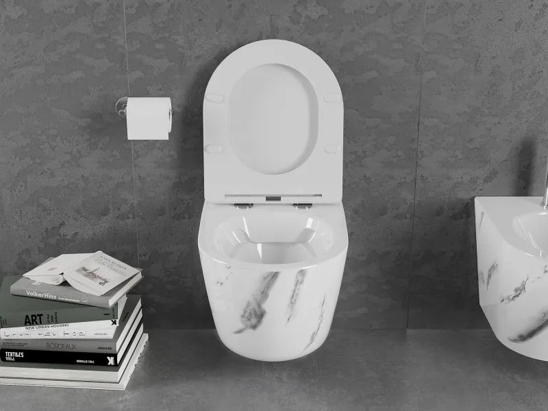 Mexen Lena, závesná WC misa Rimless s duroplastovým sedátkom s pomalým zatváraním, imitácia mramoru-biely kameň, 30224092