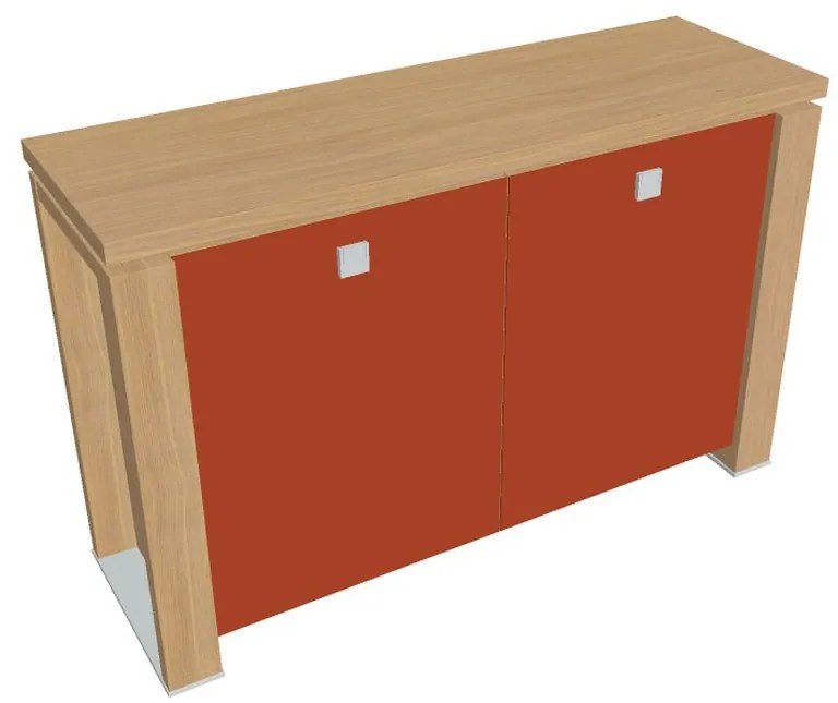 Nízka skriňa Verno+ 140 x 46 x 90 cm, sklenené dvere, dub svetlý / oranžová