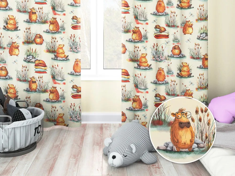 Biante Detský bavlnený záves Sandra SA-710 Kapybary na krémovom 150x150 cm