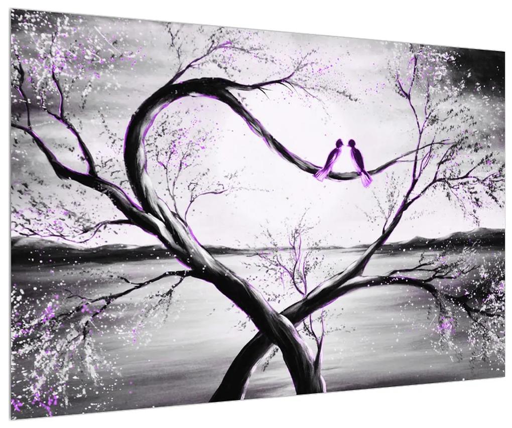 Obraz dvoch fialových vtákov na strome (90x60 cm)