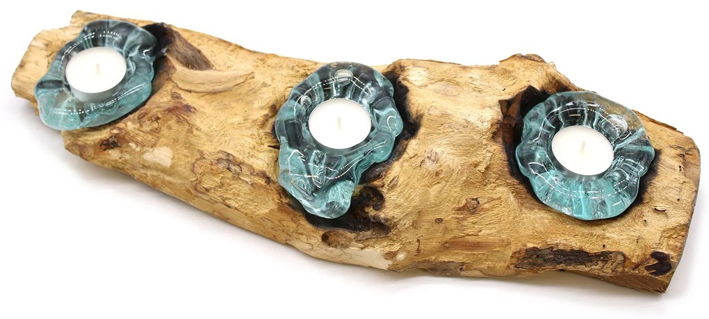 Roztavené sklo na dreve - Svietnik na tri sviečky