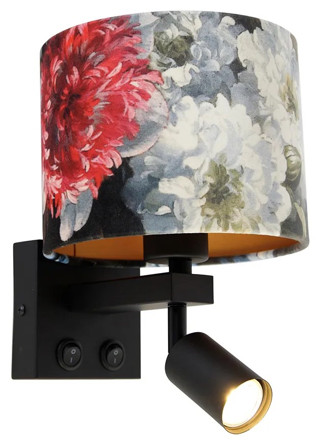 Nástenná lampa čierna s lampou na čítanie a tienidlom 18 cm kvetinový - Brescia