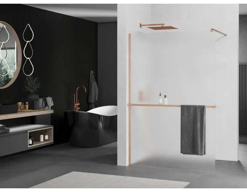 Mexen Kioto+, sprchová zástena Walk-In s poličkou a vešiakom 130 x 200 cm, 8mm sklo námraza, medený matný profil, 800-130-121-65-30
