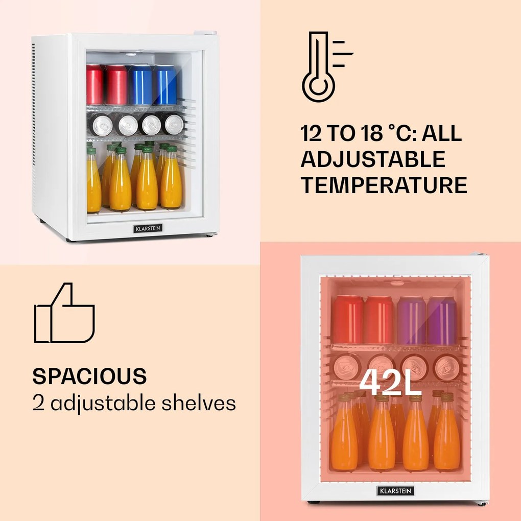 Klarstein Brooklyn 42, mini chladnička, sklenené dvere, LED osvetlenie, police
